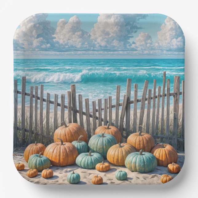 Autumn Pumpkins On a Beach Paper Plates (Front)