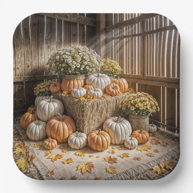 Autumn Pumpkins On A Hay Bale Paper Plates (Front)