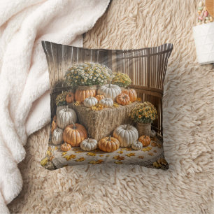 Autumn Pumpkins On A Hay Bale Throw Pillow