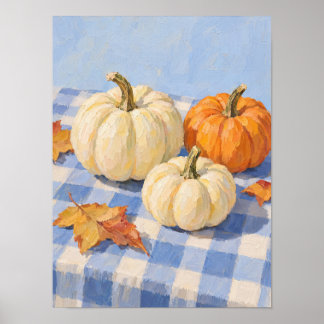 Autumn Pumpkins on Blue Gingham Tablecloth Poster