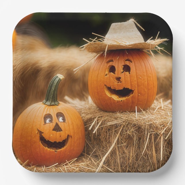 Autumn Pumpkins On Hay Bales Paper Plates (Front)