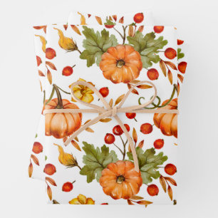 Autumn Pumpkins, Red Berries and Leaves Wrapping Paper Sheets