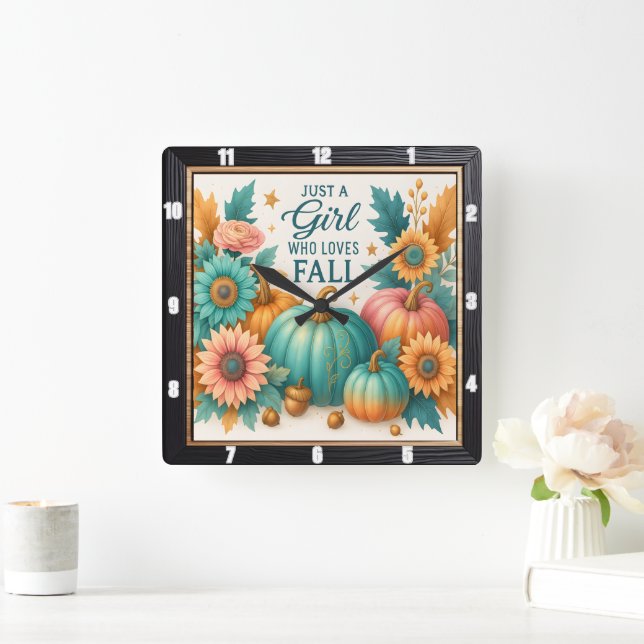 Autumn Pumpkins Sunflowers Teal Orange Square Wall Clock (Home)