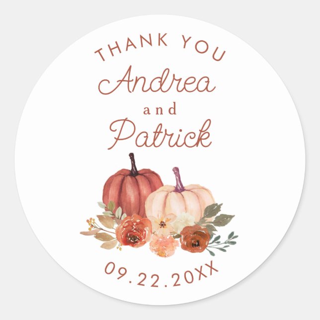 Autumn Pumpkins Terracotta Wedding Thank You Classic Round Sticker (Front)