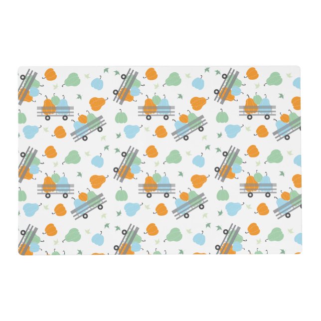 Autumn Pumpkins Wagon Pattern Blue Orange Placemat (Front)