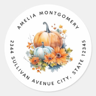 Autumn Pumpkins with Flowers and Foliage - Address Classic Round Sticker