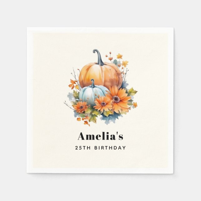 Autumn Pumpkins with Flowers and Foliage Birthday Napkins (Front)