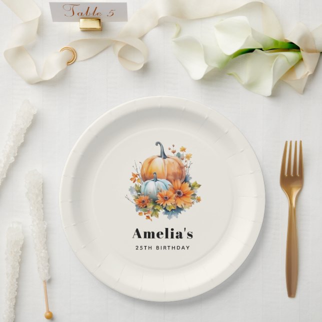 Autumn Pumpkins with Flowers and Foliage Birthday Paper Plates (Wedding)