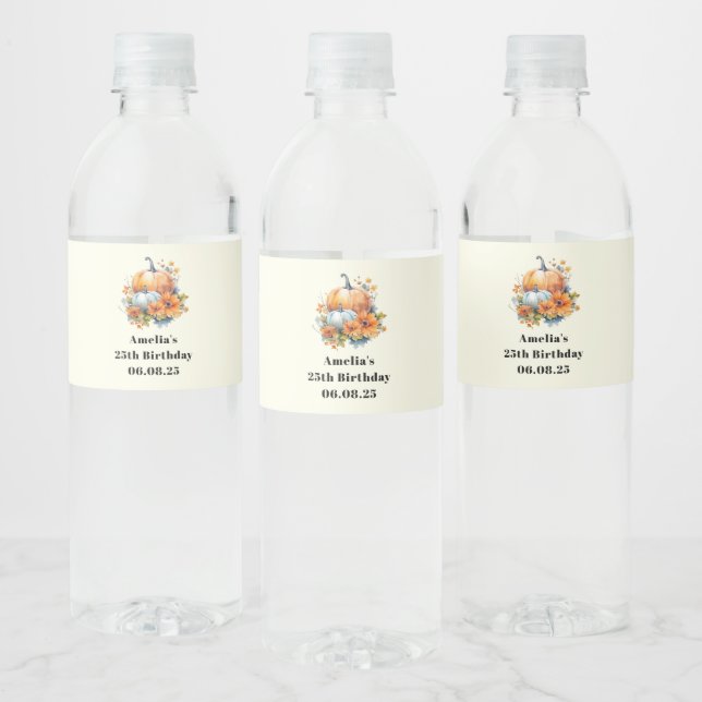 Autumn Pumpkins with Flowers and Foliage Birthday Water Bottle Label (Bottles)