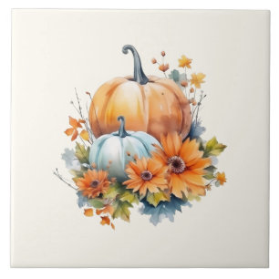 Autumn Pumpkins with Flowers and Foliage Ceramic Tile