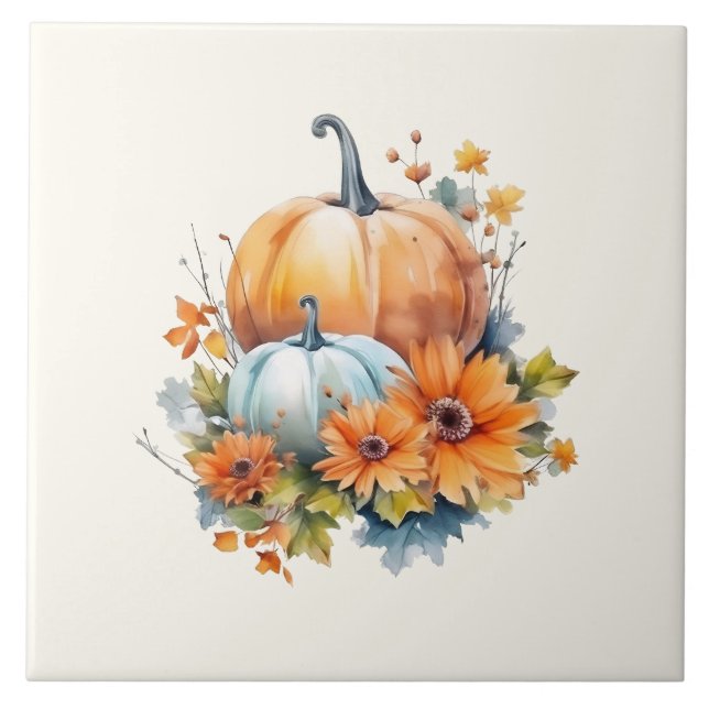 Autumn Pumpkins with Flowers and Foliage Ceramic Tile (Front)