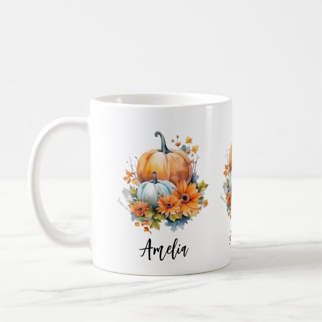  Autumn Pumpkins with Flowers and Foliage Coffee Mug (Left)