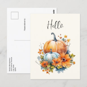 Autumn Pumpkins with Flowers and Foliage Hello Postcard
