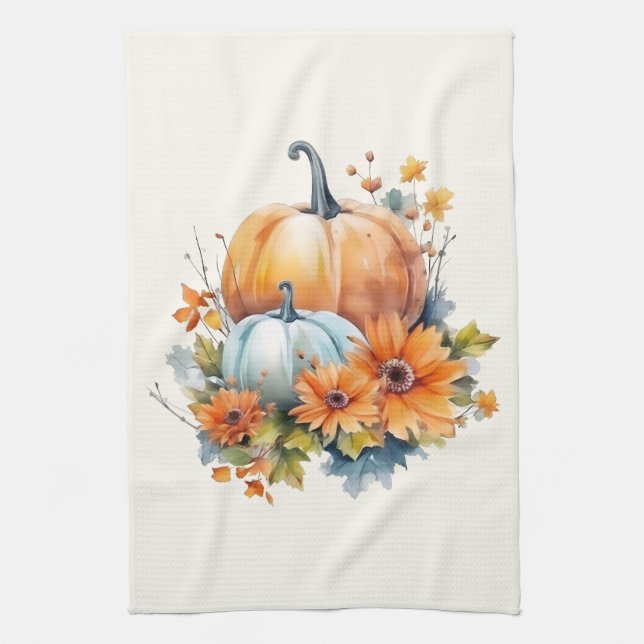 Autumn Pumpkins with Flowers and Foliage Kitchen Towel (Vertical)