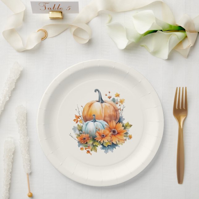 Autumn Pumpkins with Flowers and Foliage Paper Plates (Wedding)