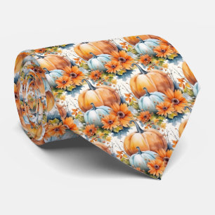 Autumn Pumpkins with Flowers and Foliage Pattern Neck Tie