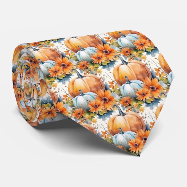 Autumn Pumpkins with Flowers and Foliage Pattern Neck Tie (Rolled)