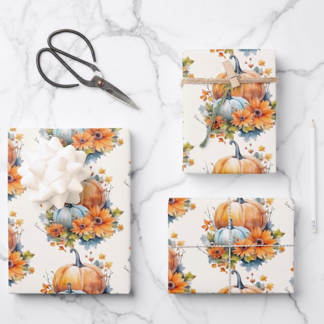 Autumn Pumpkins with Flowers and Foliage Pattern Wrapping Paper Sheets (Front)
