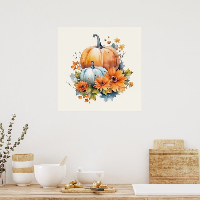Autumn Pumpkins with Flowers and Foliage Poster (Kitchen)