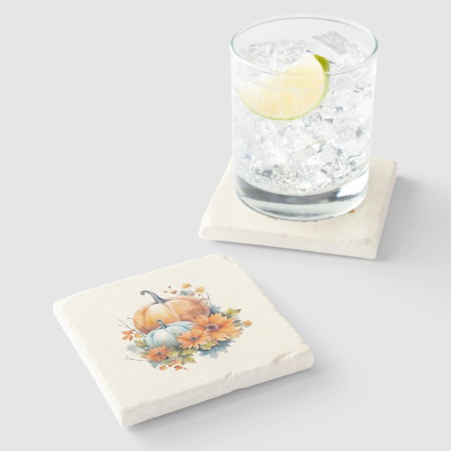 Autumn Pumpkins with Flowers and Foliage Stone Coaster (Side)