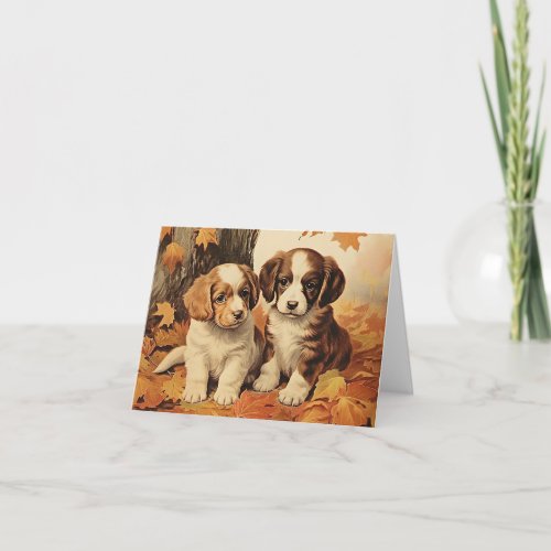 Autumn puppies and maple leaves card