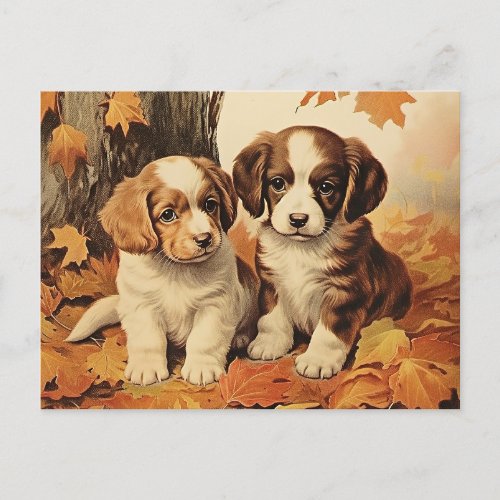 Autumn puppies and maple leaves postcard