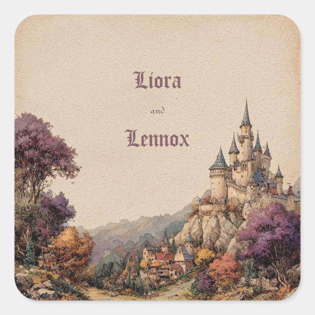 Autumn Purple Castle Village Storybook Wedding Square Sticker (Front)