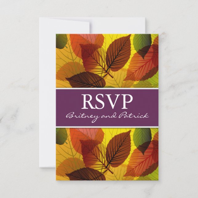 Autumn Purple Falling Leaves Wedding RSVP Cards (Front)