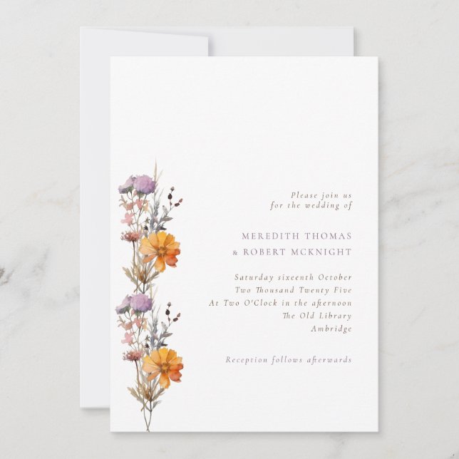 Autumn Purple & Orange Wildflowers Wedding Invitation (Front)
