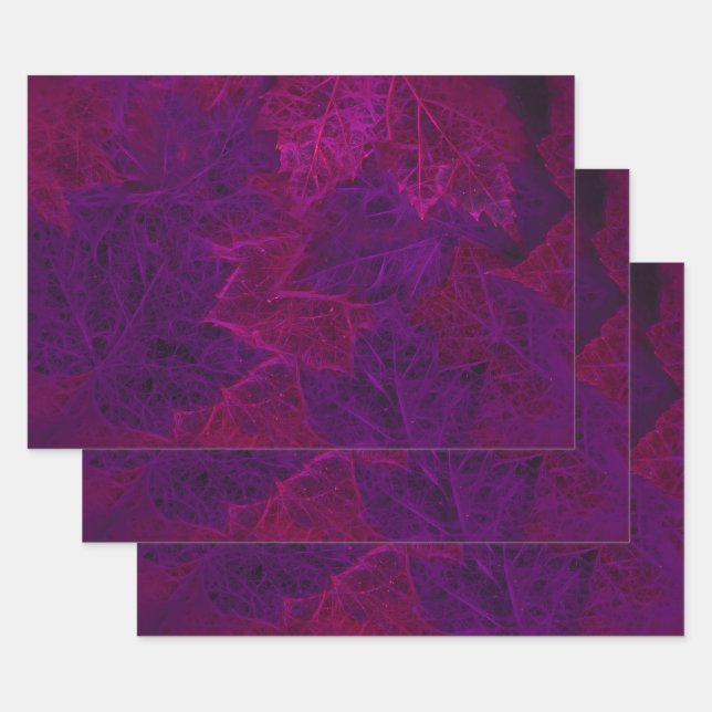 Autumn Purple Pink Neon Dark Maple Leaves Wrapping Paper Sheets (Set)