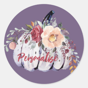 Autumn purple pumpkin gray floral watercolor classic round sticker