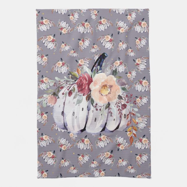 Autumn purple pumpkin gray floral watercolor  kitchen towel (Vertical)
