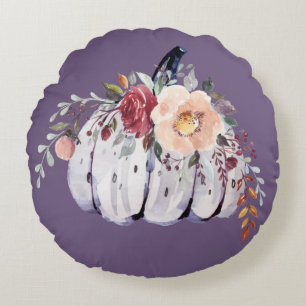 Autumn purple pumpkin gray floral watercolor round pillow