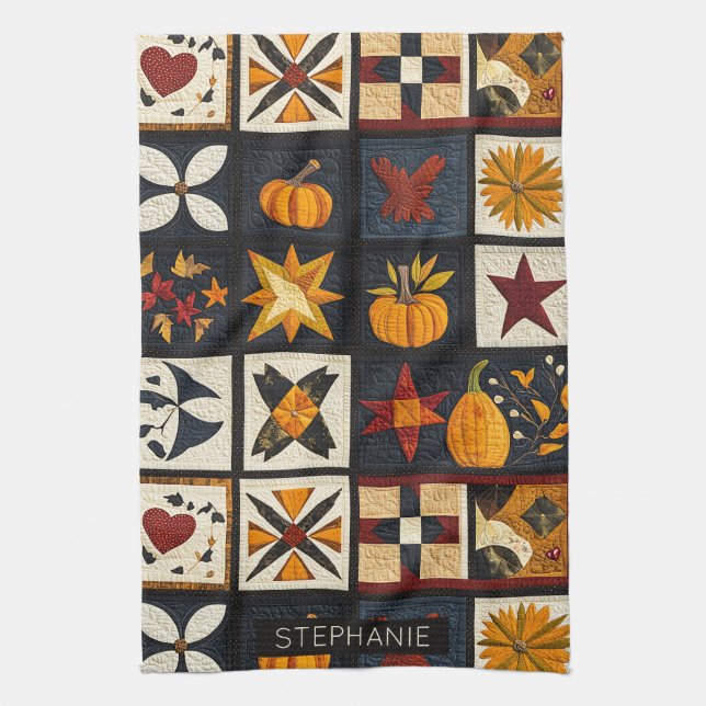Autumn Quilt Block Pattern | Rustic Harvest Kitchen Towel (Vertical)