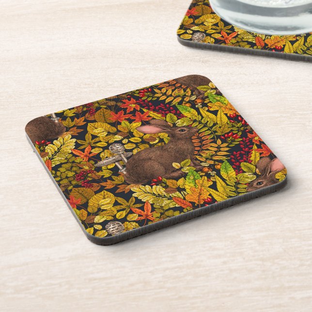 Autumn Rabbit on black Beverage Coaster (Left Side)