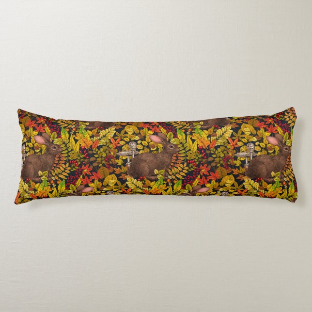 Autumn Rabbit on black Body Pillow (Front)