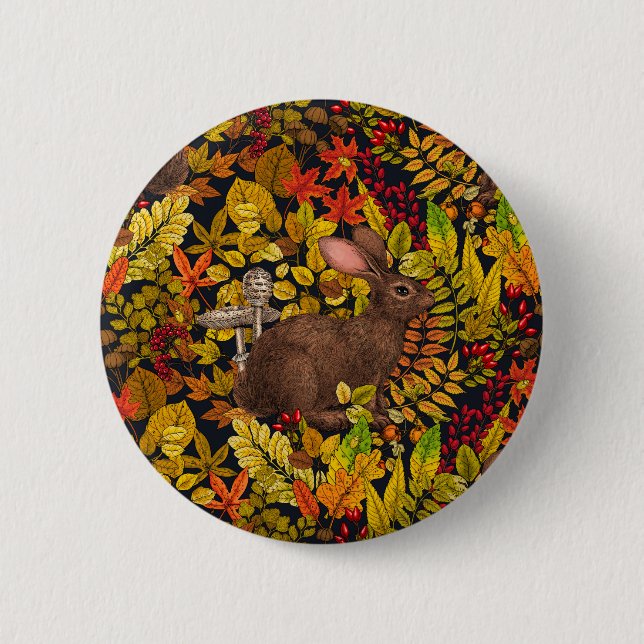 Autumn Rabbit on black Button (Front)