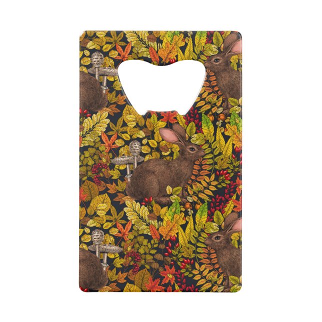 Autumn Rabbit on black Credit Card Bottle Opener (Front)