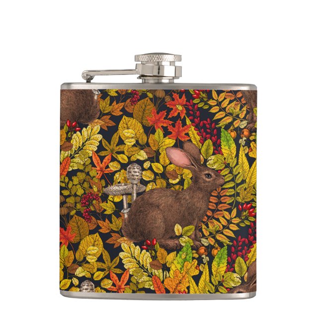 Autumn Rabbit on black Flask (Front)