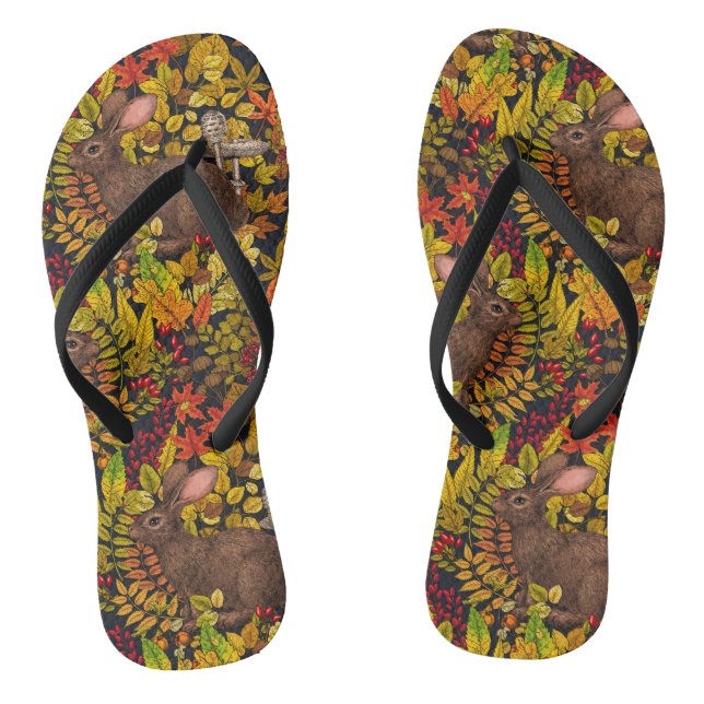 Autumn Rabbit on black Flip Flops (Footbed)