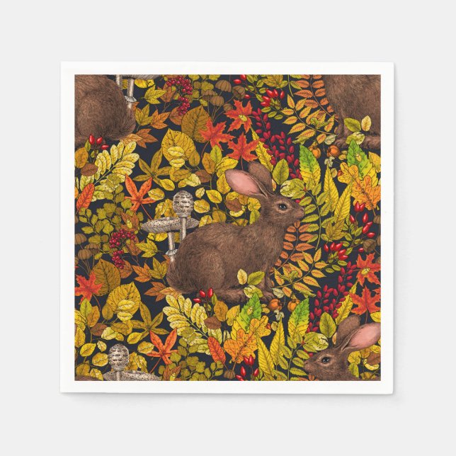 Autumn Rabbit on black Napkins (Front)