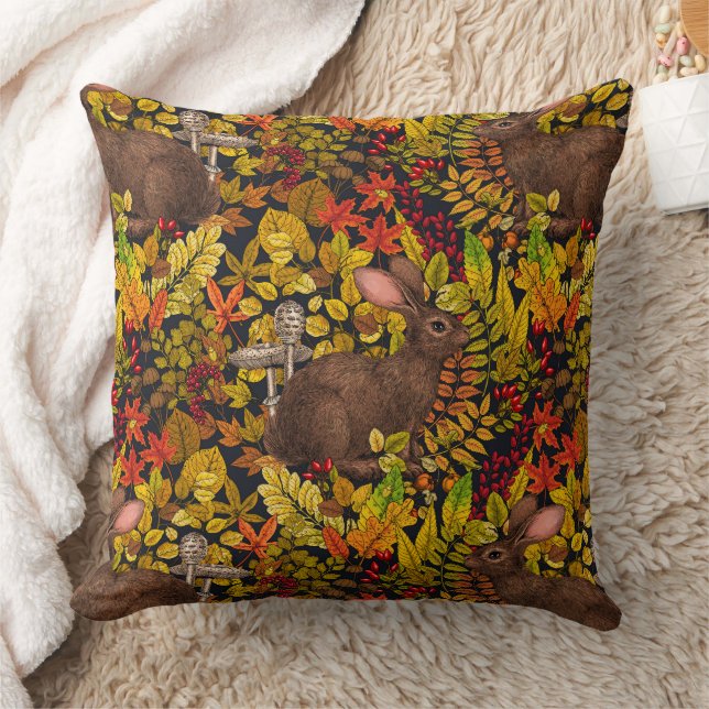 Autumn Rabbit on black Throw Pillow (Blanket)