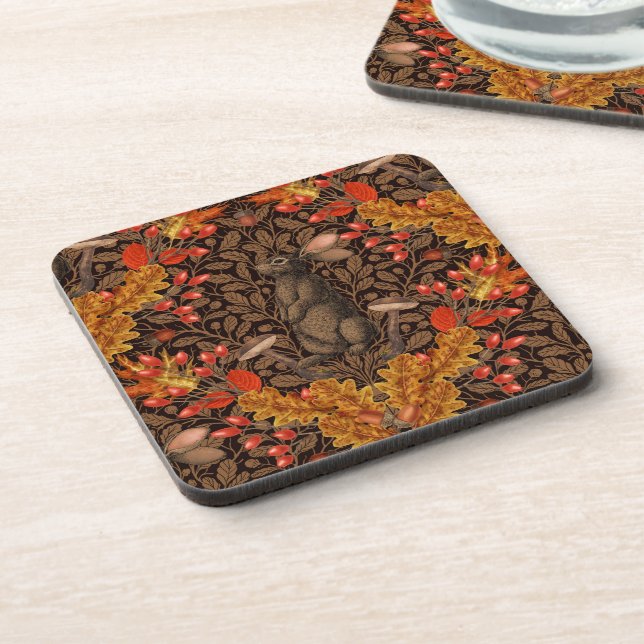 Autumn rabbit on brown beverage coaster (Left Side)