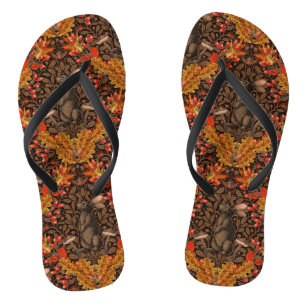 Autumn rabbit on brown flip flops
