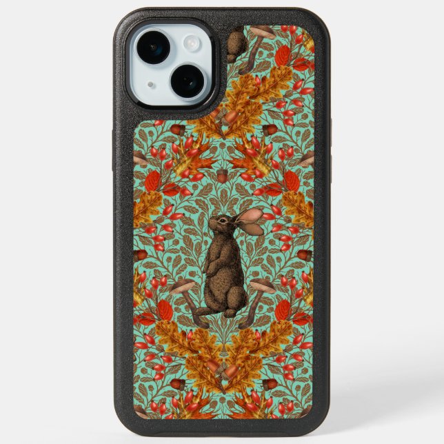 Autumn rabbit on light green iPhone 15 plus case (Back)