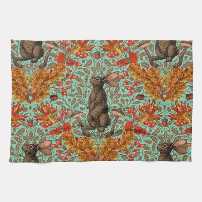 Autumn rabbit on light green kitchen towel (Horizontal)