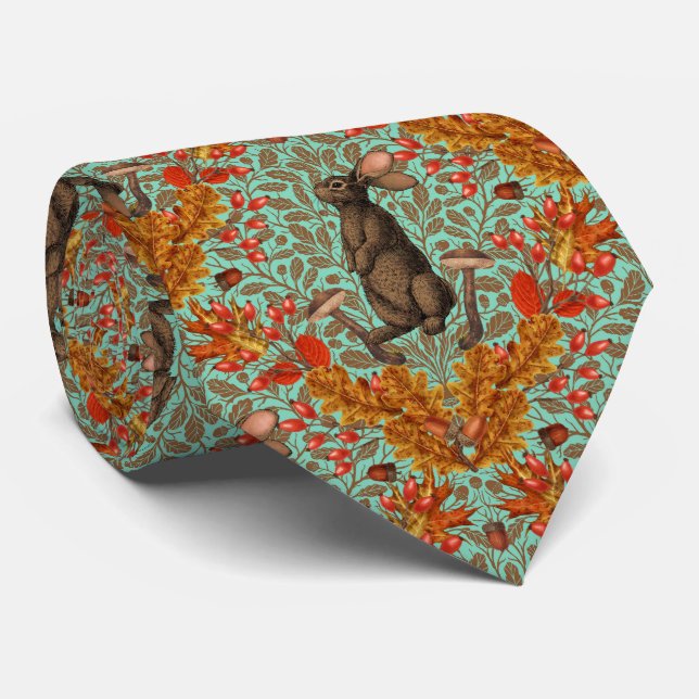 Autumn rabbit on light green neck tie (Rolled)