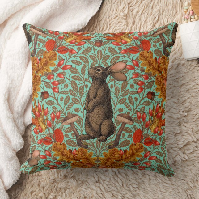 Autumn rabbit on light green throw pillow (Blanket)
