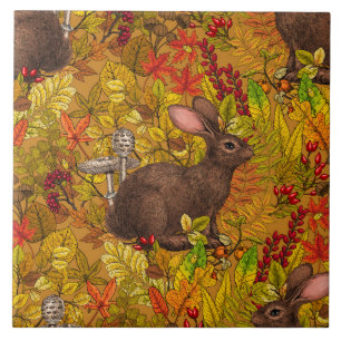 Autumn Rabbit on ochre Ceramic Tile