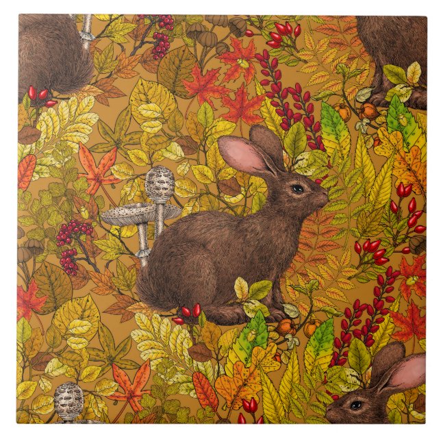Autumn Rabbit on ochre Ceramic Tile (Front)